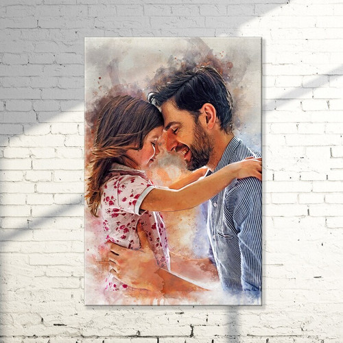 Father's Day watercolor portrait custom from your photo, dad with child, soft pastel background, vertical print gift for Dad | Family Wall Decor