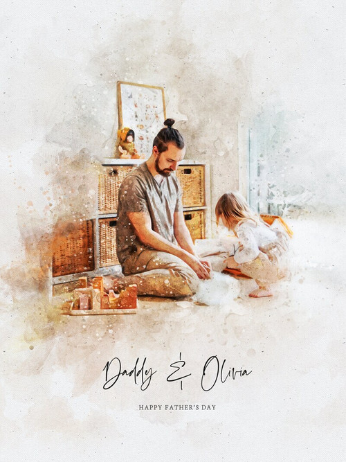 Father's Day custom family portrait of dad holding daughter, personalized from your photo, simple background, thoughtful gift | Familywalldecor