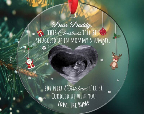 Christmas pregnancy announcement ornament with personalized baby ultrasound photo and names, a heartfelt holiday gift for dad | Family Wall Decor
