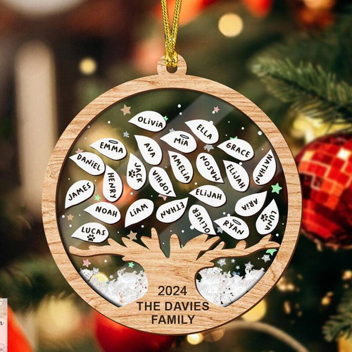 Family Tree of Life shaker ornament, personalized with 2024 and multiple family names, festive holiday decor for big families | Familywalldecor