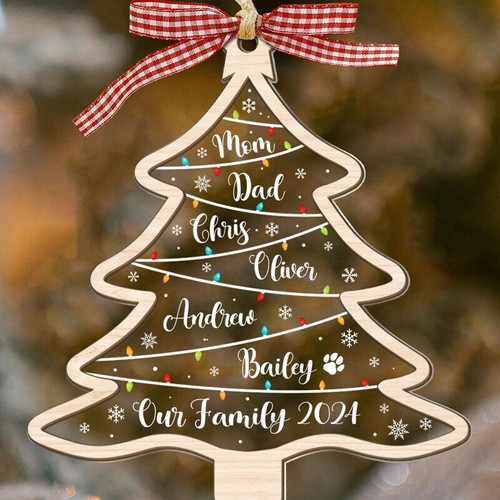 Personalized family name ornament with pets for Christmas 2024, custom family and pet names, festive keepsake for the tree. | Familywalldecor