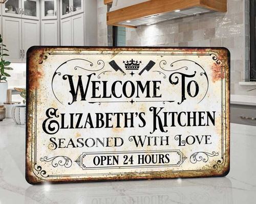 Grandma kitchen metal sign, personalized with grandkids' names, vintage style 'Seasoned with Love' wall decor for the kitchen | Familywalldecor