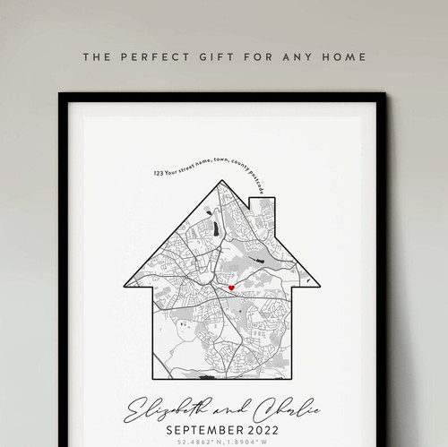 Our First House canvas custom map print, personalized with couple’s names and date, heart marker, wall decor for new homeowners | Familywalldecor