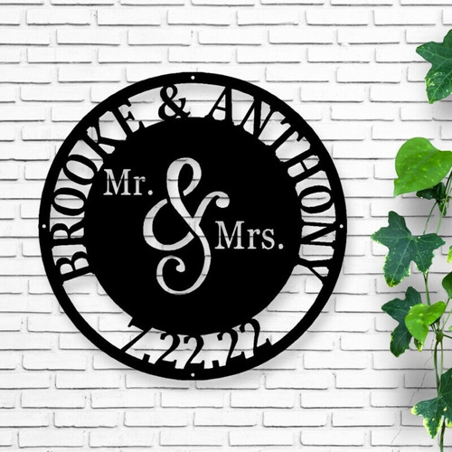 Mr and Mrs metal sign wall art, personalized with last name and wedding date, laser-cut black metal script, for couples | Familywalldecor