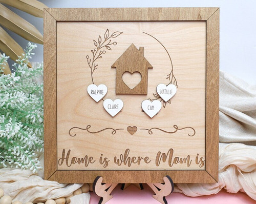 Home Is Where Mom Is wood sign, personalized with family names, gift for Mom on Mother’s Day, living room décor | Familywalldecor