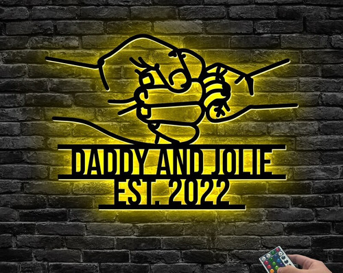 Dad fist bump LED metal sign, custom name, warm white glow, first Father's Day gift and above-bed wall decor for new dad | Familywalldecor