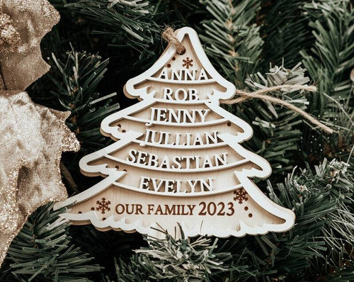 Personalized family Christmas ornament, wooden, round, engraved last name and 2024, red ribbon, holiday tree decor | Familywalldecor