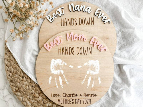 Heartfelt handprint wood sign with kids' prints and Hands Down Best Mom quote, personalized names and date, Mother's Day gift | Familywalldecor