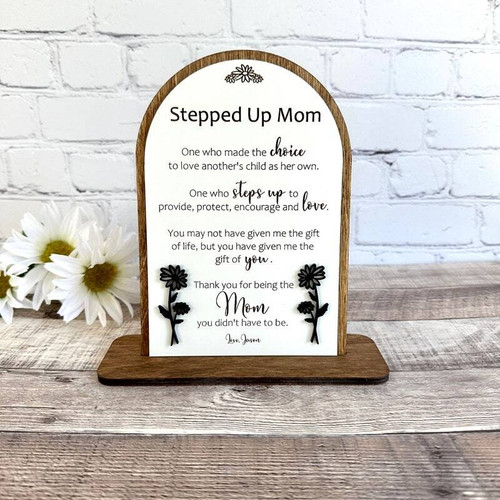 Stepped Up Mom wood sign, personalized and engraved with kids' names; heartfelt Mother's Day gift for a beloved bonus mom | Familywalldecor