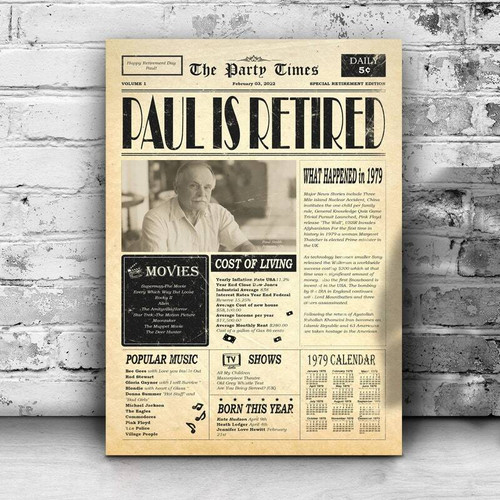 Vintage retirement personalized canvas decor with custom names and date, sepia tones, landscape layout, gift for men or women | Family Wall Decor