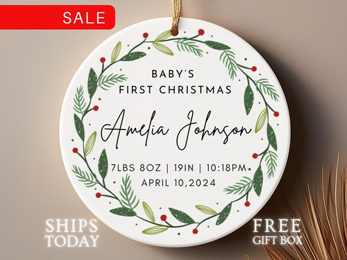 Baby's First Christmas 2024 ornament personalized with custom baby name and date, keepsake tree decor gift for a newborn. | Familywalldecor