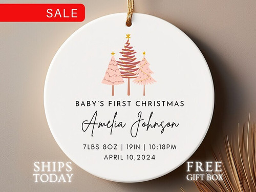 Baby's First Christmas 2024 ornament personalized with baby’s name and year, sweet keepsake tree decor and new parent gift | Familywalldecor