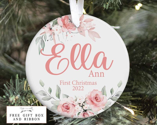 Baby's First Christmas elephant ornament, custom name and year, elephant motif with holiday accents, sweet gift for newborn. | Familywalldecor
