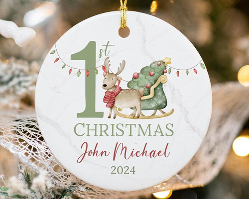 Baby's First Christmas ornament keepsake, personalized with baby name and 2024, round design with ribbon, sweet newborn gift | Familywalldecor