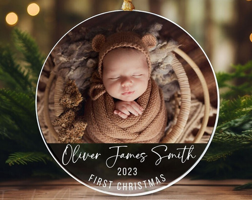 Baby's First Christmas personalized photo ornament 2023 with baby's name and photo, heartfelt holiday keepsake for the tree | Family Wall Decor