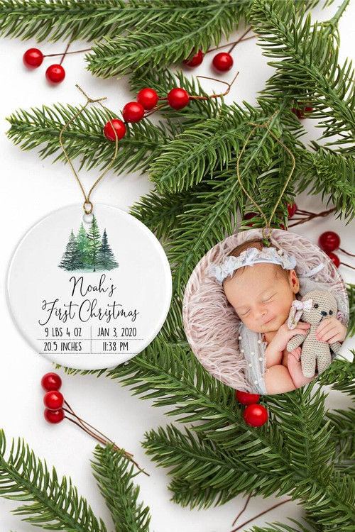 Baby's First Christmas ornament personalized keepsake with baby name, birth stats, and year, ideal tree gift for new parents | Family Wall Decor