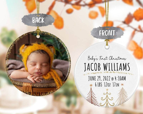 Personalized Baby's First Christmas ornament with photo and birth stats, custom keepsake for new parents to hang on the tree | Familywalldecor