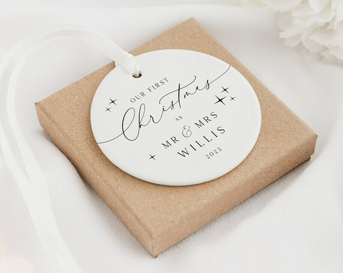 Our First Christmas as Mr & Mrs ornament, personalized ceramic keepsake with names and year, thoughtful newlywed gift | Familywalldecor