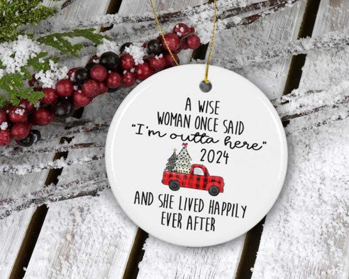 Funny retirement ornament for women, personalized with name and year, humorous quote for Christmas tree decor display | Familywalldecor
