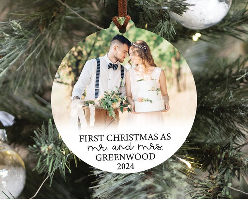 Our First Christmas as Mr & Mrs ornament with custom photo, names, and year, personalized newlywed gift for tree decor | Familywalldecor