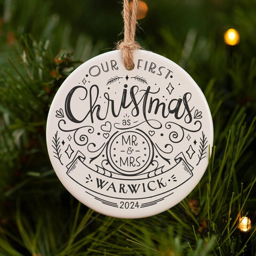 Our First Christmas as Mr & Mrs ornament for newlyweds, personalized with couple names and wedding date for tree keepsake | Familywalldecor
