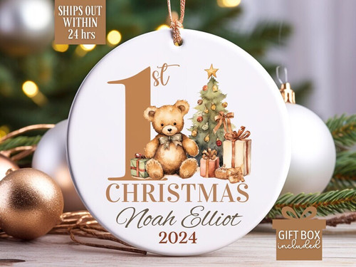 Baby's First Christmas ornament, personalized 2024 keepsake with baby's name and date; sweet gift for newborn and new parents | Familywalldecor