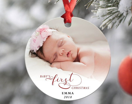 Baby's First Christmas ornament, personalized with baby name and year; keepsake tree decor and gift for new parents. | Family Wall Decor