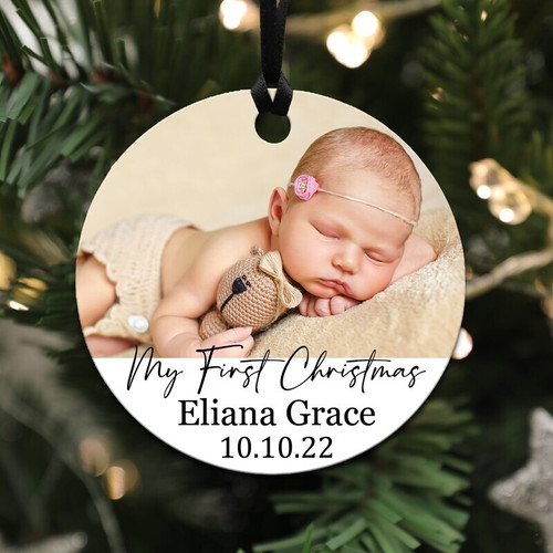 Baby's First Christmas ornament personalized with baby name and year, keepsake tree decor and gift for new parents | Familywalldecor