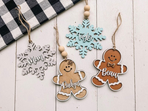 Christmas gingerbread snowflake custom name ornament, 3D layered detail, personalized for stockings and gift toppers | Familywalldecor