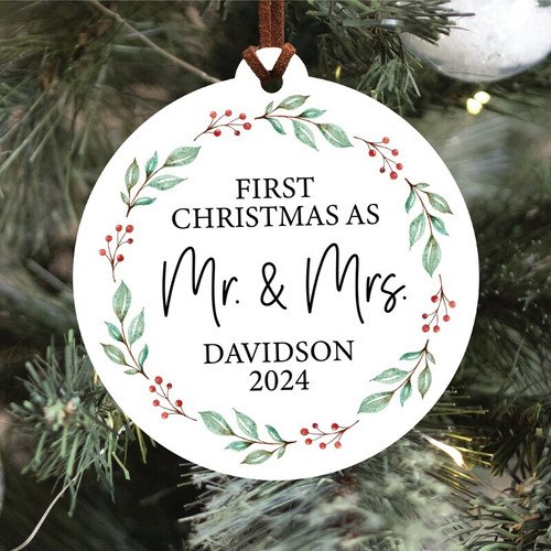 Our First Christmas as Mr & Mrs ornament personalized with couple’s names and wedding year, newlywed gift and keepsake | Familywalldecor