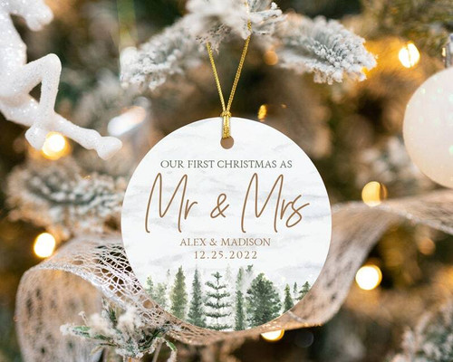 Our First Christmas as Mr & Mrs personalized ornament for newlyweds, add names and date; holiday tree or wall decor keepsake | Familywalldecor