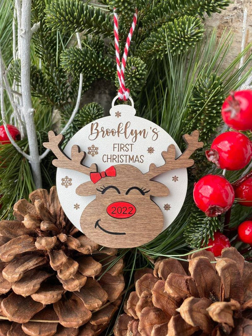 Baby's First Christmas wooden ornament, personalized with baby name and year, keepsake gift for new parents and tree decor | Family Wall Decor