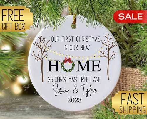 First Christmas in new home ornament, personalized with family name, new address and year; thoughtful housewarming gift | Family Wall Decor