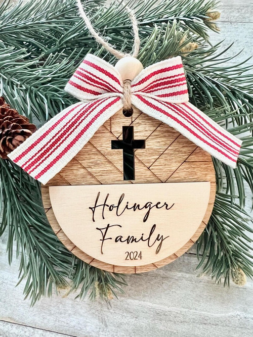 Christian family ornament celebrating 2024 with elegant cross art, ideal for Christmas tree or baptism decor in any home. | Familywalldecor