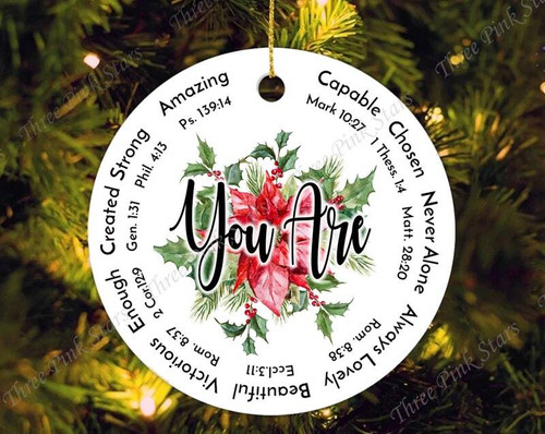 Christian family art ornament, personalized with family name and year, round ceramic with gold ribbon for Christmas tree | Familywalldecor