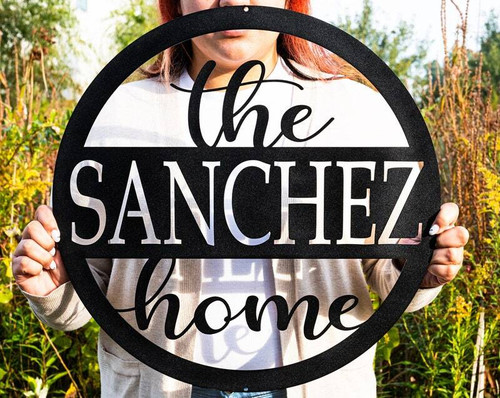 Welcome family metal porch sign, personalized with last name in script, powder-coated black, door decor, housewarming gift | Familywalldecor