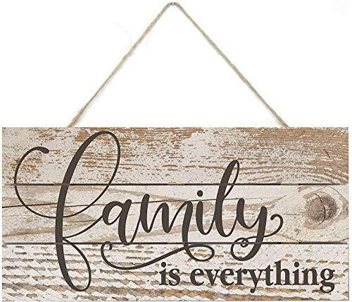 Rustic wooden plank wall sign reading 'Family Is Everything', distressed wood grain in neutral tones, living room decor | Family Wall Decor