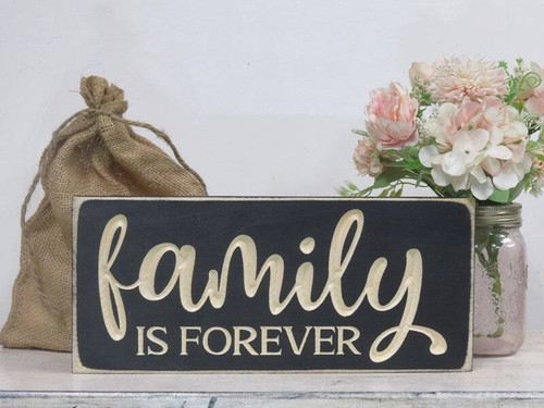 Family Is Forever carved wood sign, lightly distressed with carved lettering, rustic wall decor for living room. | Family Wall Decor
