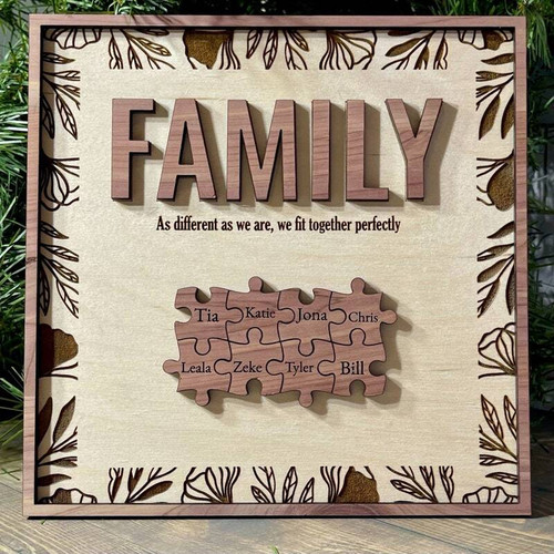 Mother’s Day family puzzle wood sign, custom names on interlocking pieces with phrase piece that holds us together | Familywalldecor