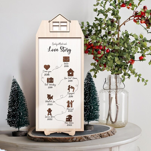 Family timeline wood sign, dark walnut horizontal, engraved with personalized names and dates, anniversary gift for wife | Familywalldecor