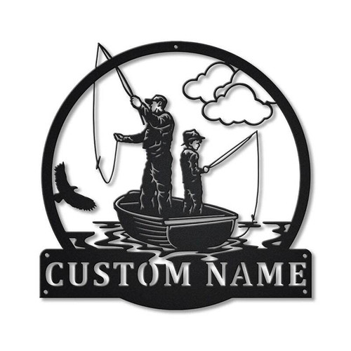 Father–son fishing metal sign, personalized with names and date, outdoor decor and heartfelt gift for Dad on Father’s Day | Familywalldecor