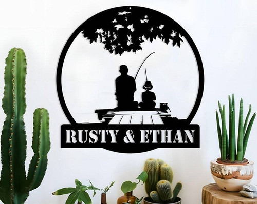 Father and son gone fishing metal sign, personalized with names; bass design for Dad’s man cave decor and Father’s Day gift | Familywalldecor
