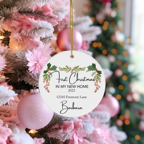 First Christmas in New Home ornament, round ceramic with red ribbon, personalized address, family names, and 2024 keepsake | Familywalldecor