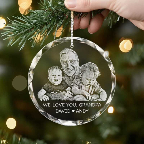 Grandpa memorial ornament with personalized photo engraving, name and dates — heartfelt Christmas tree decor keepsake. | Familywalldecor