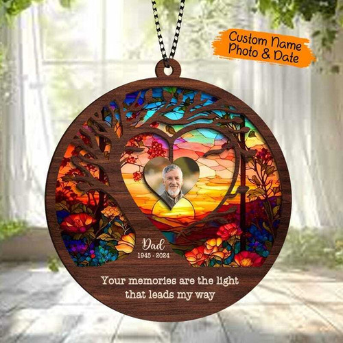 In memory of Dad suncatcher ornament, personalized with name and dates, a thoughtful sympathy gift for grandparents or parents | Familywalldecor