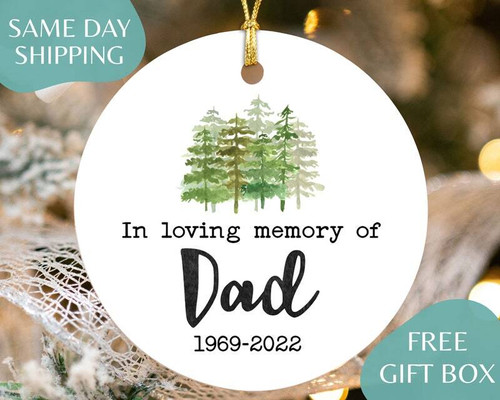 Dad memorial Christmas ornament, round ceramic with In Loving Memory text, personalized name and dates, sympathy gift | Familywalldecor