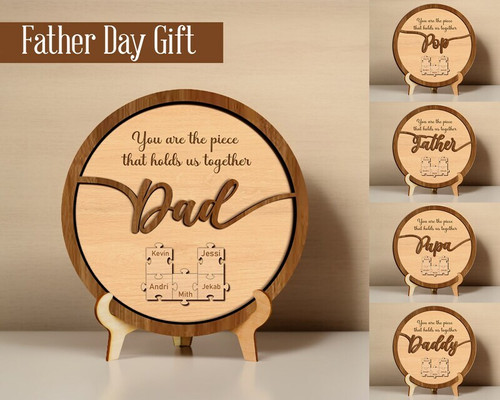 Dad puzzle wooden sign with interlocking puzzle pieces, personalized with kids' names, meaningful Father's Day gift | Familywalldecor