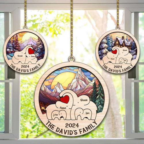 Elephant family Christmas suncatcher ornament, custom family of 2, glass-look window decor, thoughtful gift for couples | Familywalldecor