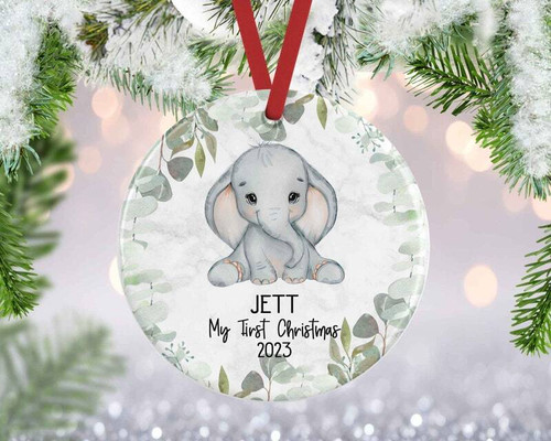 Baby's First Christmas elephant-shaped ornament, personalized with baby's name and year; sweet keepsake new baby gift | Family Wall Decor