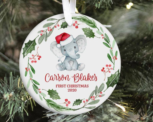 Elephant Baby's First Christmas safari ornament, personalized with baby's name and year, new baby holiday keepsake gift | Family Wall Decor